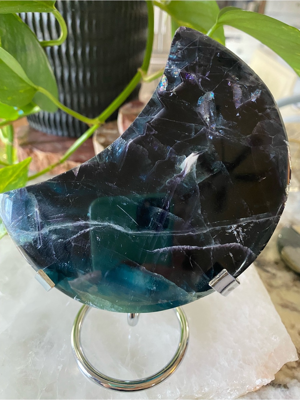 🌙💜 Black Rose Fluorite Thick Moon — 4.5” 💜🌙 Stand Included